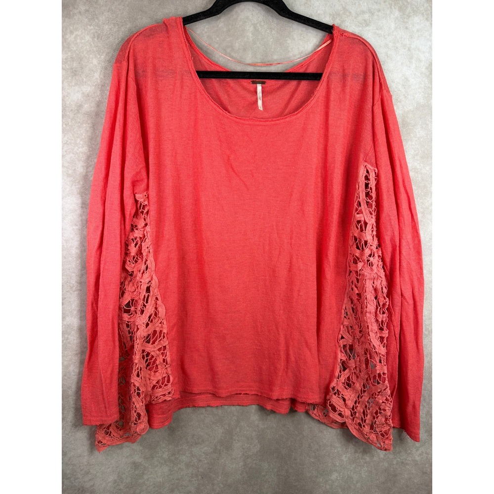 Free People Top Womens Large Coral Pink Crochet Lace Linen Blend Long Sleeve
